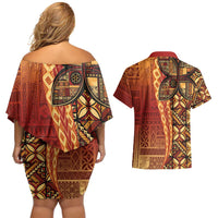 Samoan Pacific Tribal Flower Geometric Art Tattoos Couples Matching Off Shoulder Short Dress and Hawaiian Shirt Siapo Pattern Flame Sunset LT03 - Polynesian Pride