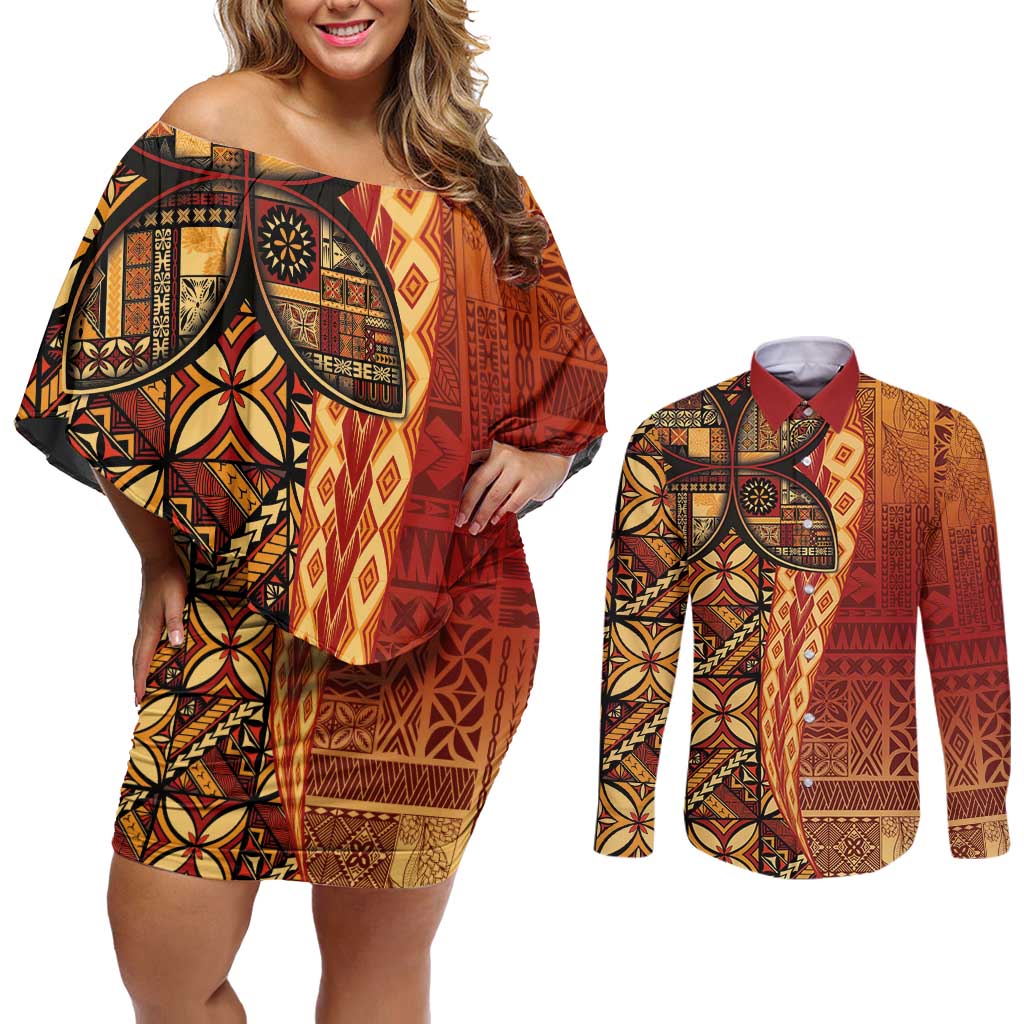Samoan Pacific Tribal Flower Geometric Art Tattoos Couples Matching Off Shoulder Short Dress and Long Sleeve Button Shirt Siapo Pattern Flame Sunset LT03 Red - Polynesian Pride
