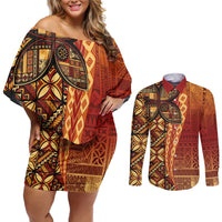 Samoan Pacific Tribal Flower Geometric Art Tattoos Couples Matching Off Shoulder Short Dress and Long Sleeve Button Shirt Siapo Pattern Flame Sunset LT03 Red - Polynesian Pride