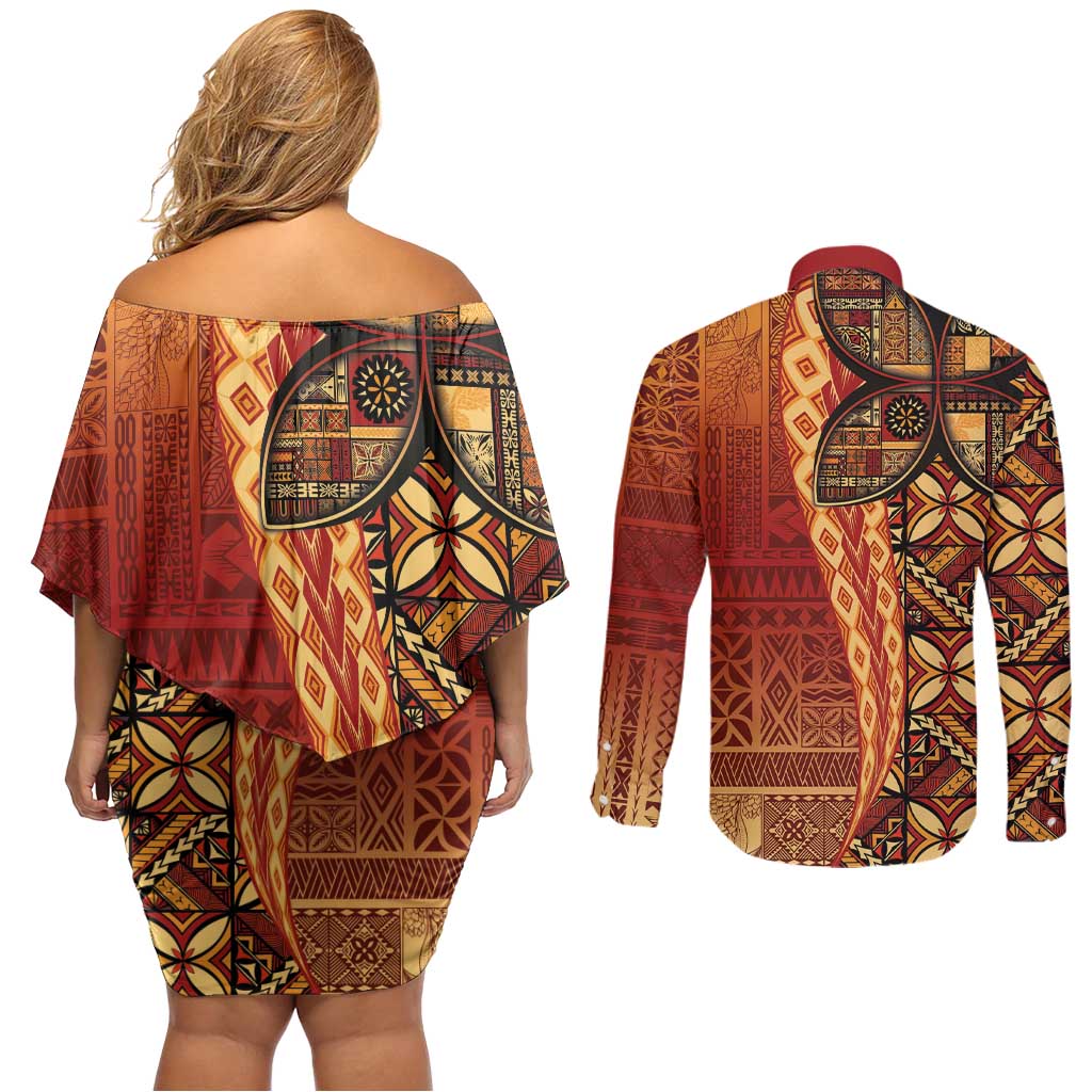 Samoan Pacific Tribal Flower Geometric Art Tattoos Couples Matching Off Shoulder Short Dress and Long Sleeve Button Shirt Siapo Pattern Flame Sunset LT03 - Polynesian Pride