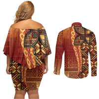 Samoan Pacific Tribal Flower Geometric Art Tattoos Couples Matching Off Shoulder Short Dress and Long Sleeve Button Shirt Siapo Pattern Flame Sunset LT03 - Polynesian Pride