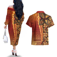 Samoan Pacific Tribal Flower Geometric Art Tattoos Couples Matching Off The Shoulder Long Sleeve Dress and Hawaiian Shirt Siapo Pattern Flame Sunset LT03 - Polynesian Pride