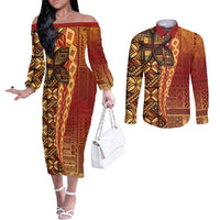Samoan Pacific Tribal Flower Geometric Art Tattoos Couples Matching Off The Shoulder Long Sleeve Dress and Long Sleeve Button Shirt Siapo Pattern Flame Sunset LT03 Red - Polynesian Pride