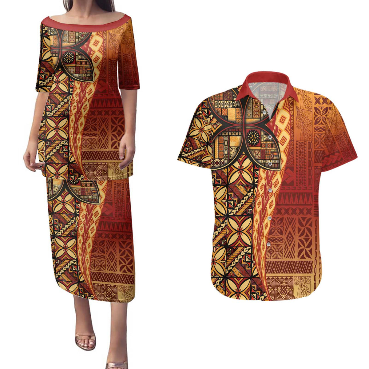 Samoan Pacific Tribal Flower Geometric Art Tattoos Couples Matching Puletasi and Hawaiian Shirt Siapo Pattern Flame Sunset LT03 Red - Polynesian Pride