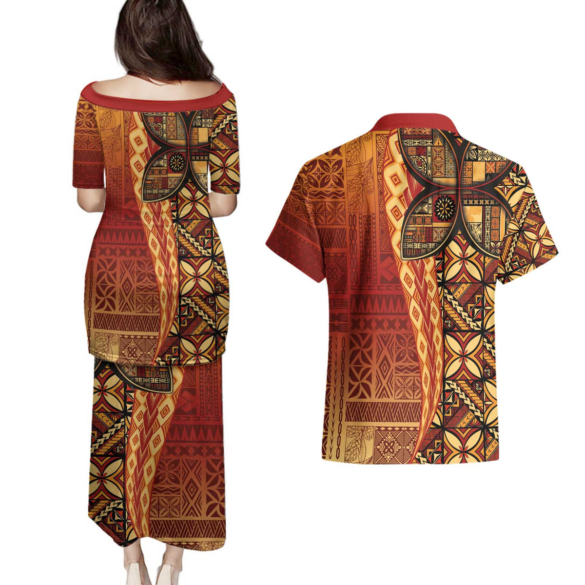 Samoan Pacific Tribal Flower Geometric Art Tattoos Couples Matching Puletasi and Hawaiian Shirt Siapo Pattern Flame Sunset LT03 - Polynesian Pride
