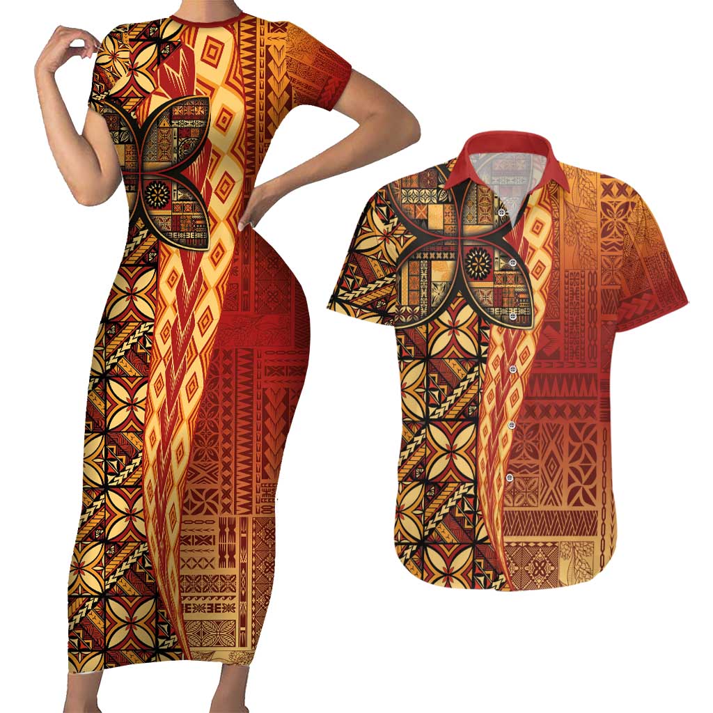 Samoan Pacific Tribal Flower Geometric Art Tattoos Couples Matching Short Sleeve Bodycon Dress and Hawaiian Shirt Siapo Pattern Flame Sunset LT03 Red - Polynesian Pride