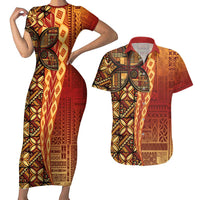 Samoan Pacific Tribal Flower Geometric Art Tattoos Couples Matching Short Sleeve Bodycon Dress and Hawaiian Shirt Siapo Pattern Flame Sunset LT03 Red - Polynesian Pride