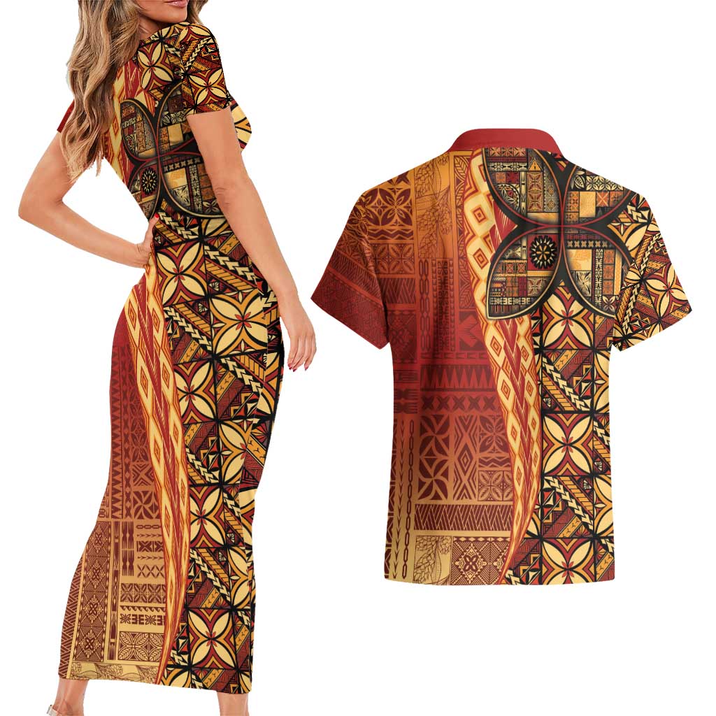 Samoan Pacific Tribal Flower Geometric Art Tattoos Couples Matching Short Sleeve Bodycon Dress and Hawaiian Shirt Siapo Pattern Flame Sunset LT03 - Polynesian Pride