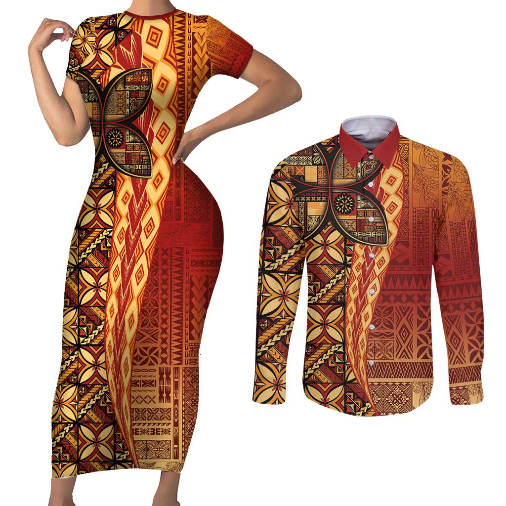 Samoan Pacific Tribal Flower Geometric Art Tattoos Couples Matching Short Sleeve Bodycon Dress and Long Sleeve Button Shirt Siapo Pattern Flame Sunset LT03 Red - Polynesian Pride