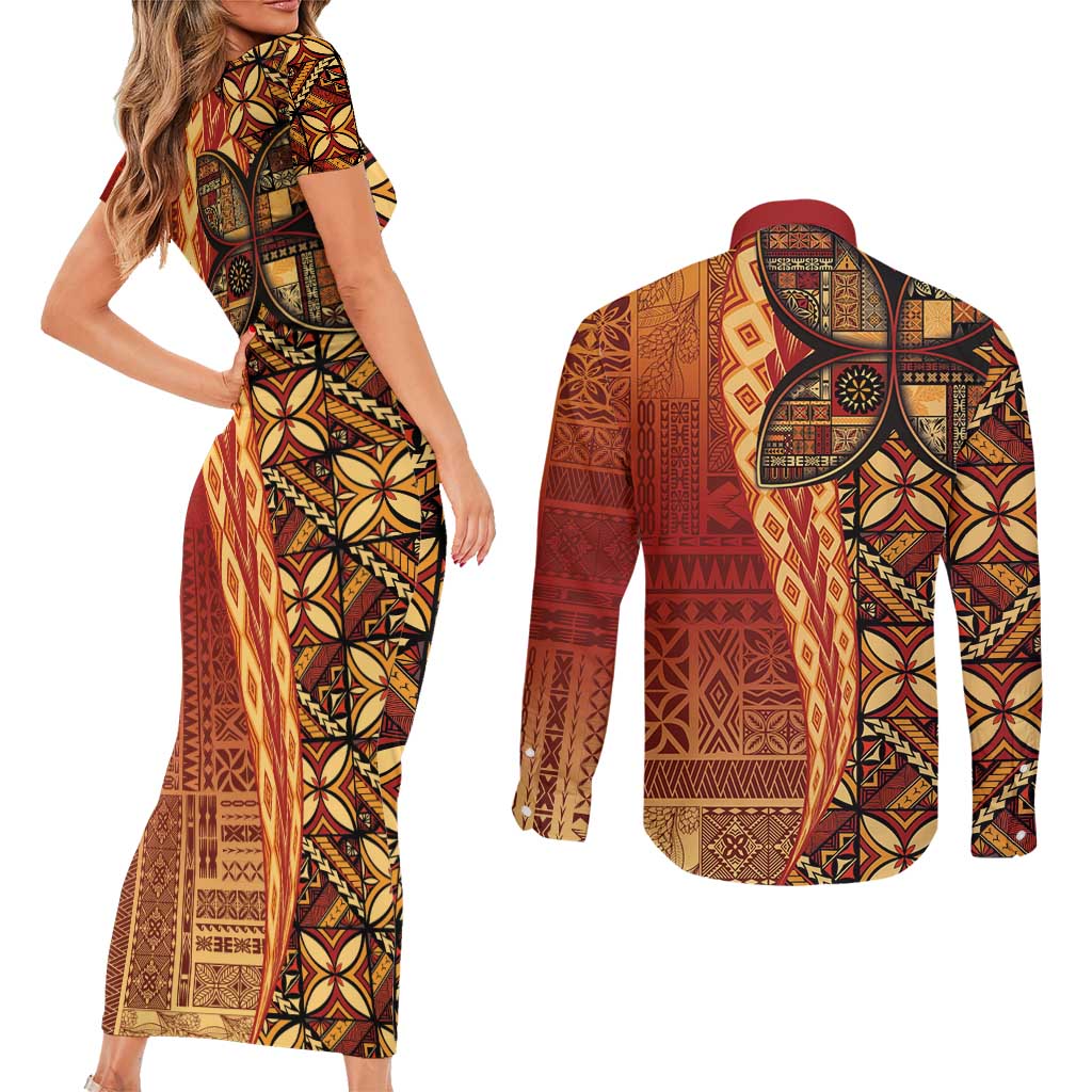 Samoan Pacific Tribal Flower Geometric Art Tattoos Couples Matching Short Sleeve Bodycon Dress and Long Sleeve Button Shirt Siapo Pattern Flame Sunset LT03 - Polynesian Pride