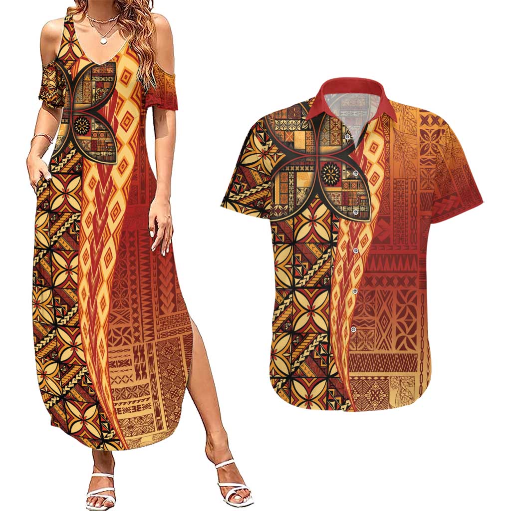 Samoan Pacific Tribal Flower Geometric Art Tattoos Couples Matching Summer Maxi Dress and Hawaiian Shirt Siapo Pattern Flame Sunset LT03 Red - Polynesian Pride