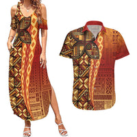 Samoan Pacific Tribal Flower Geometric Art Tattoos Couples Matching Summer Maxi Dress and Hawaiian Shirt Siapo Pattern Flame Sunset LT03 Red - Polynesian Pride