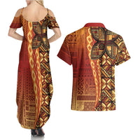 Samoan Pacific Tribal Flower Geometric Art Tattoos Couples Matching Summer Maxi Dress and Hawaiian Shirt Siapo Pattern Flame Sunset LT03 - Polynesian Pride