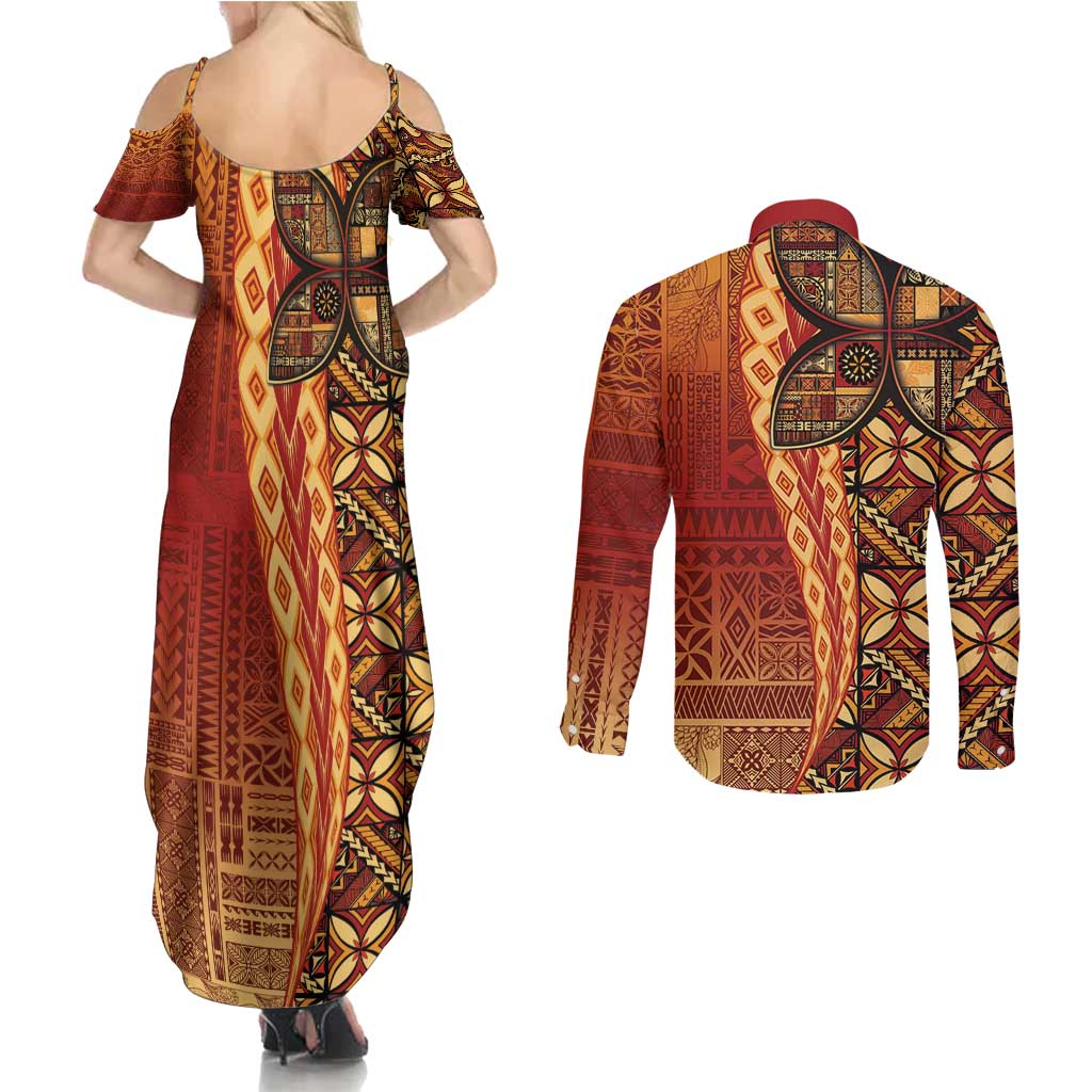 Samoan Pacific Tribal Flower Geometric Art Tattoos Couples Matching Summer Maxi Dress and Long Sleeve Button Shirt Siapo Pattern Flame Sunset LT03 - Polynesian Pride