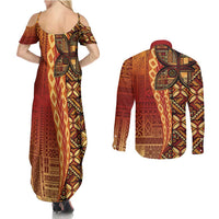 Samoan Pacific Tribal Flower Geometric Art Tattoos Couples Matching Summer Maxi Dress and Long Sleeve Button Shirt Siapo Pattern Flame Sunset LT03 - Polynesian Pride