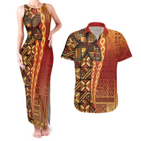 Samoan Pacific Tribal Flower Geometric Art Tattoos Couples Matching Tank Maxi Dress and Hawaiian Shirt Siapo Pattern Flame Sunset LT03 Red - Polynesian Pride