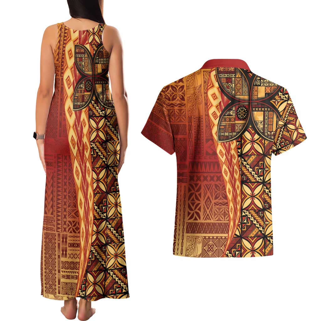 Samoan Pacific Tribal Flower Geometric Art Tattoos Couples Matching Tank Maxi Dress and Hawaiian Shirt Siapo Pattern Flame Sunset LT03 - Polynesian Pride