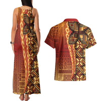 Samoan Pacific Tribal Flower Geometric Art Tattoos Couples Matching Tank Maxi Dress and Hawaiian Shirt Siapo Pattern Flame Sunset LT03 - Polynesian Pride