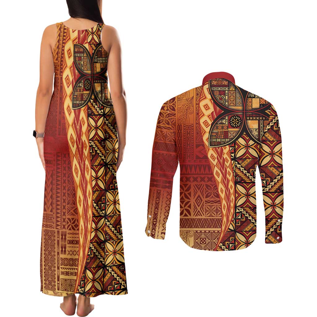Samoan Pacific Tribal Flower Geometric Art Tattoos Couples Matching Tank Maxi Dress and Long Sleeve Button Shirt Siapo Pattern Flame Sunset LT03 - Polynesian Pride