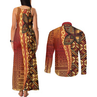 Samoan Pacific Tribal Flower Geometric Art Tattoos Couples Matching Tank Maxi Dress and Long Sleeve Button Shirt Siapo Pattern Flame Sunset LT03 - Polynesian Pride