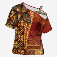 Samoan Pacific Tribal Flower Geometric Art Tattoos Cross Shoulder Shirt Siapo Pattern Flame Sunset - Polynesian Pride