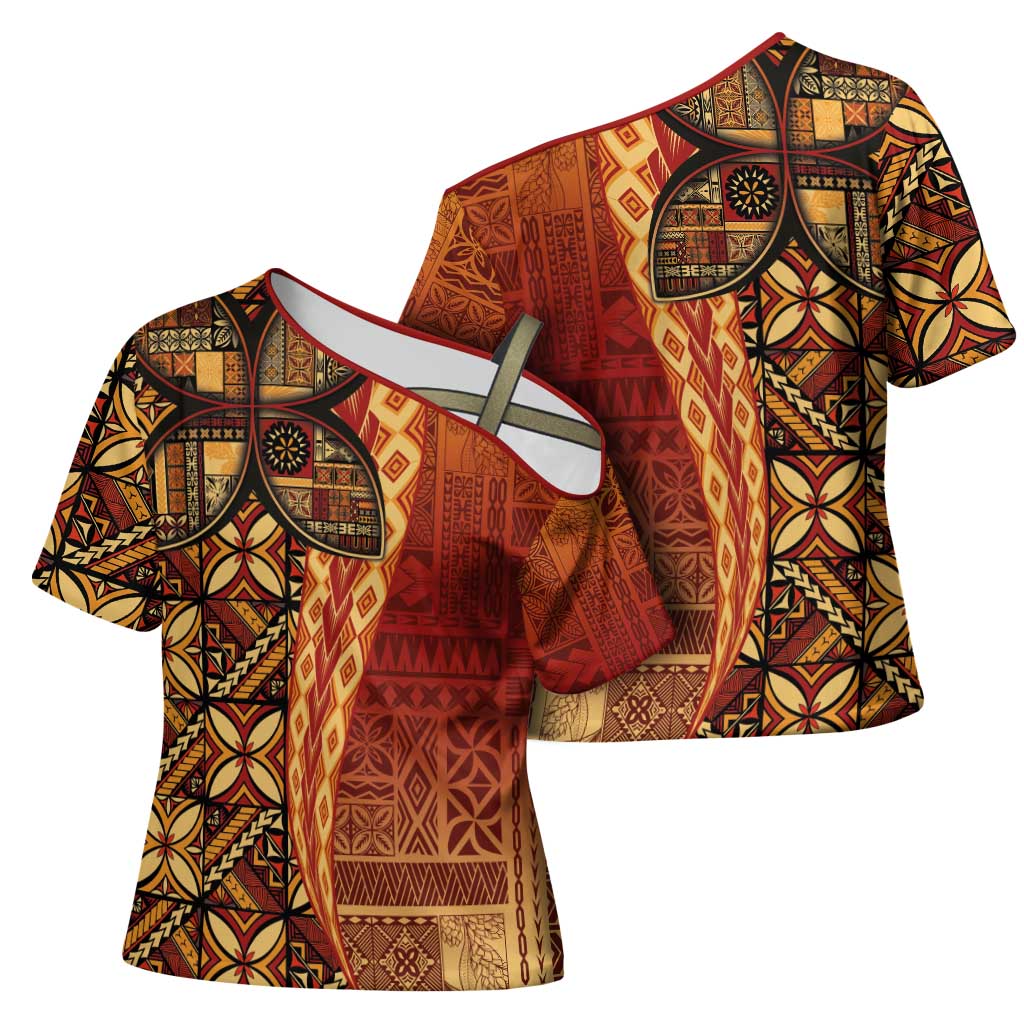 Samoan Pacific Tribal Flower Geometric Art Tattoos Cross Shoulder Shirt Siapo Pattern Flame Sunset - Polynesian Pride