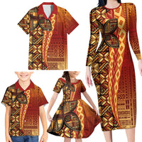Samoan Pacific Tribal Flower Geometric Art Tattoos Family Matching Long Sleeve Bodycon Dress and Hawaiian Shirt Siapo Pattern Flame Sunset LT03 - Polynesian Pride