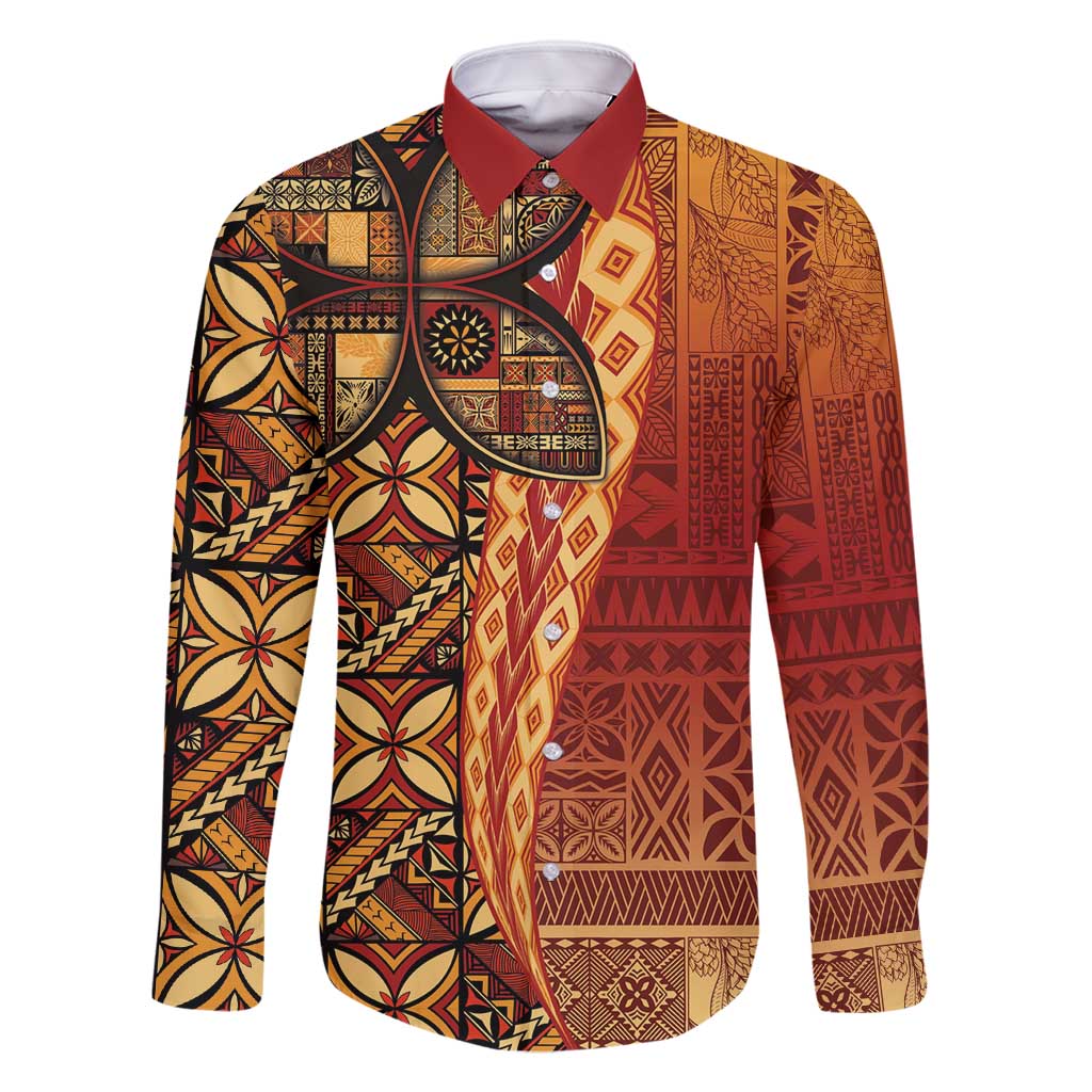 Samoan Pacific Tribal Flower Geometric Art Tattoos Family Matching Long Sleeve Bodycon Dress and Hawaiian Shirt Siapo Pattern Flame Sunset LT03 Dad's Shirt - Long Sleeve Red - Polynesian Pride