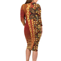 Samoan Pacific Tribal Flower Geometric Art Tattoos Family Matching Long Sleeve Bodycon Dress and Hawaiian Shirt Siapo Pattern Flame Sunset LT03 - Polynesian Pride