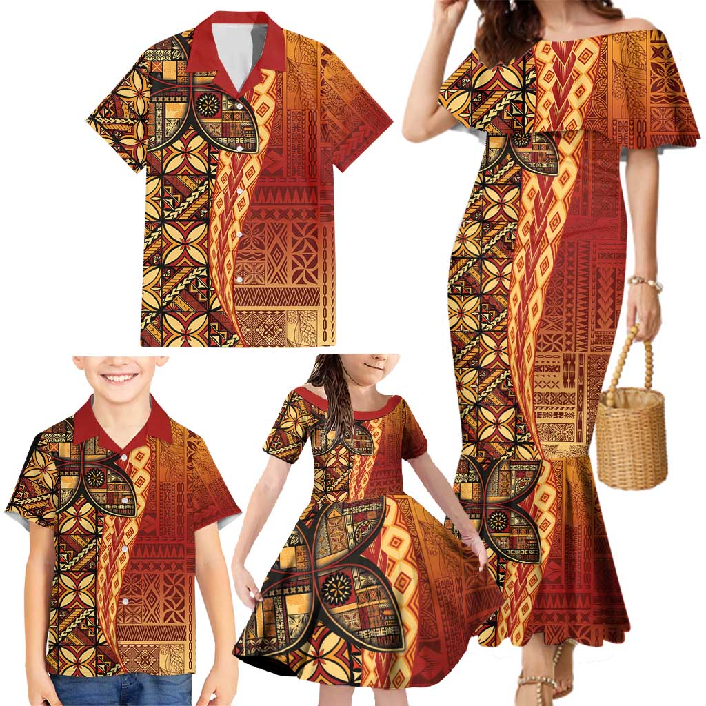 Samoan Pacific Tribal Flower Geometric Art Tattoos Family Matching Mermaid Dress and Hawaiian Shirt Siapo Pattern Flame Sunset LT03 - Polynesian Pride