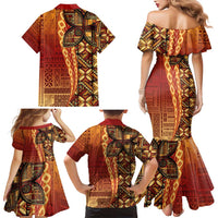 Samoan Pacific Tribal Flower Geometric Art Tattoos Family Matching Mermaid Dress and Hawaiian Shirt Siapo Pattern Flame Sunset LT03 - Polynesian Pride
