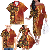 Samoan Pacific Tribal Flower Geometric Art Tattoos Family Matching Off The Shoulder Long Sleeve Dress and Hawaiian Shirt Siapo Pattern Flame Sunset LT03 - Polynesian Pride