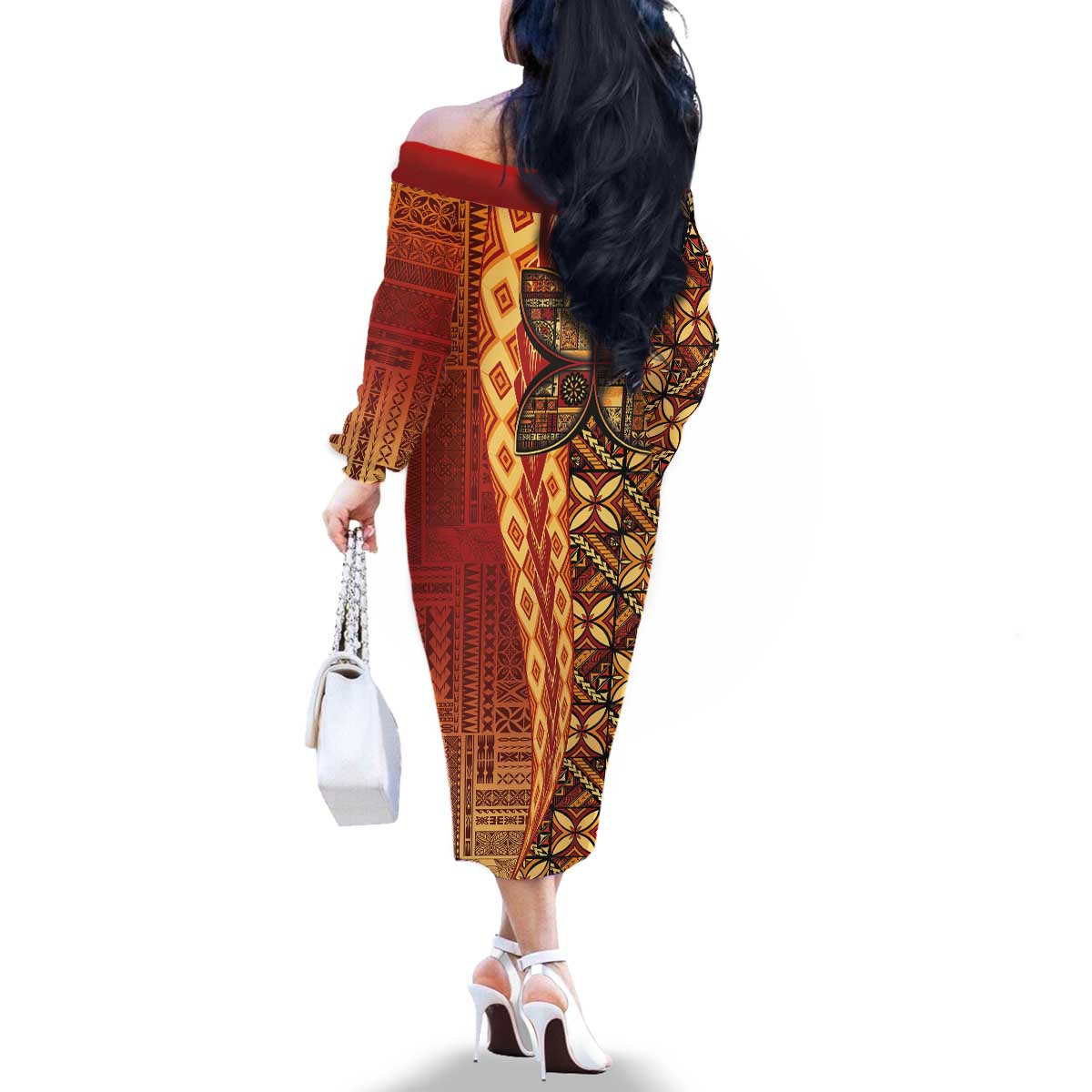 Samoan Pacific Tribal Flower Geometric Art Tattoos Family Matching Off The Shoulder Long Sleeve Dress and Hawaiian Shirt Siapo Pattern Flame Sunset LT03 - Polynesian Pride