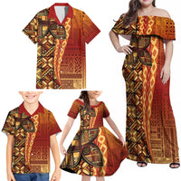 Samoan Pacific Tribal Flower Geometric Art Tattoos Family Matching Off Shoulder Maxi Dress and Hawaiian Shirt Siapo Pattern Flame Sunset LT03 - Polynesian Pride