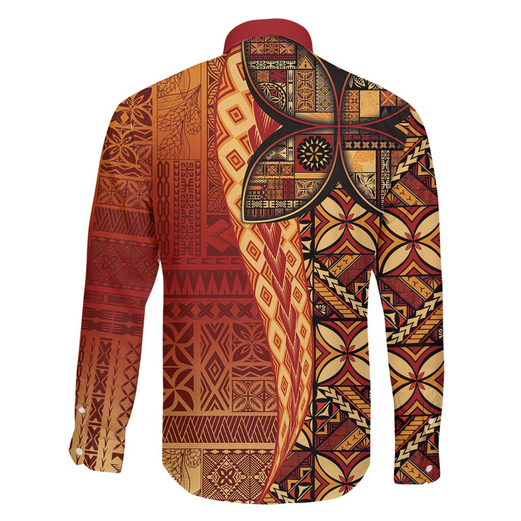 Samoan Pacific Tribal Flower Geometric Art Tattoos Family Matching Off Shoulder Maxi Dress and Hawaiian Shirt Siapo Pattern Flame Sunset LT03 - Polynesian Pride