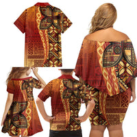 Samoan Pacific Tribal Flower Geometric Art Tattoos Family Matching Off Shoulder Short Dress and Hawaiian Shirt Siapo Pattern Flame Sunset LT03 - Polynesian Pride