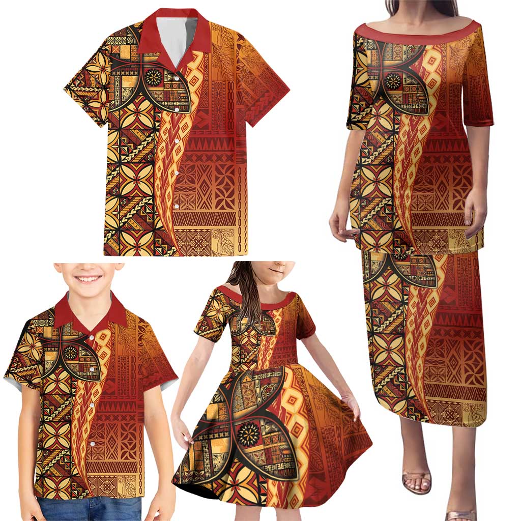 Samoan Pacific Tribal Flower Geometric Art Tattoos Family Matching Puletasi and Hawaiian Shirt Siapo Pattern Flame Sunset LT03 - Polynesian Pride