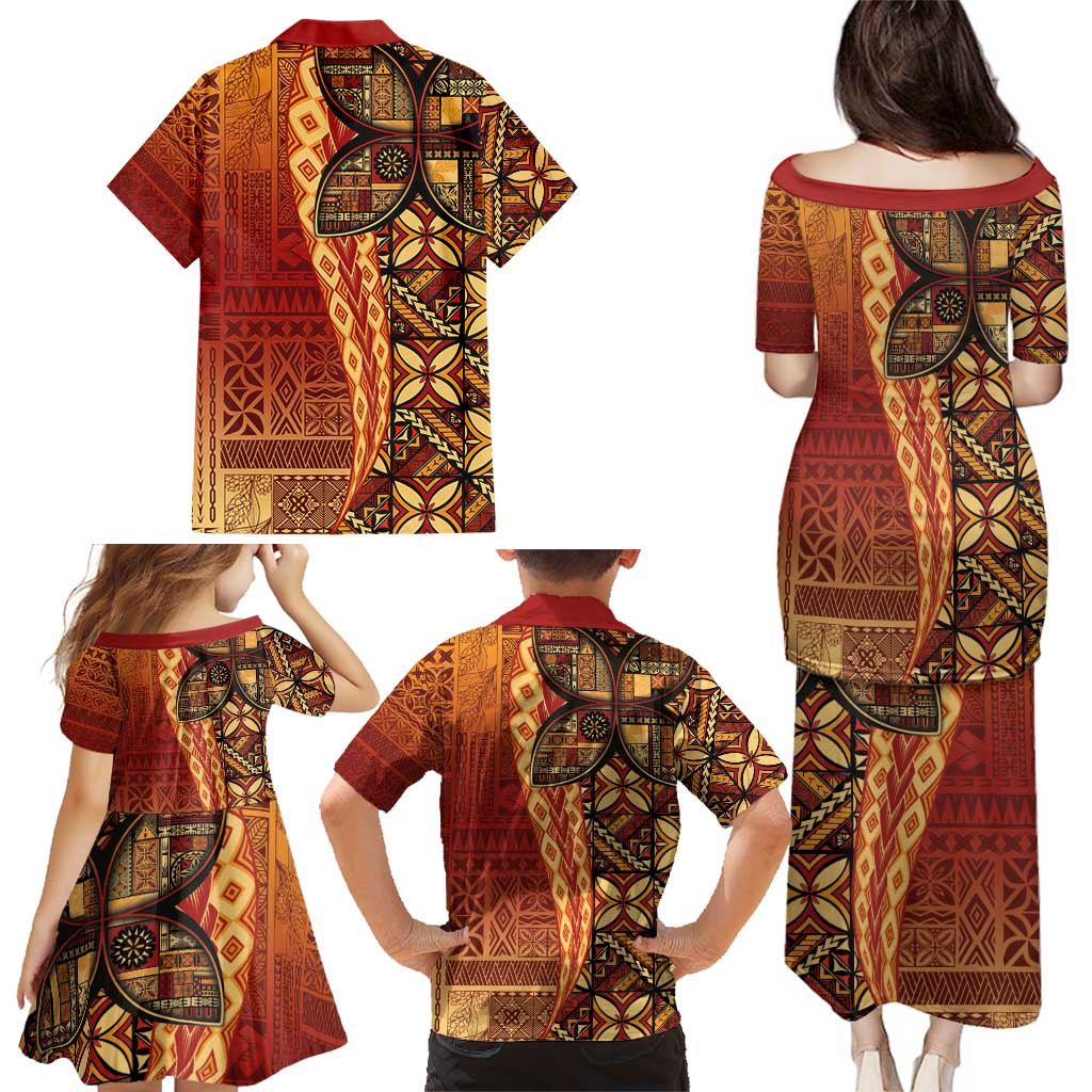 Samoan Pacific Tribal Flower Geometric Art Tattoos Family Matching Puletasi and Hawaiian Shirt Siapo Pattern Flame Sunset LT03 - Polynesian Pride