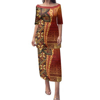 Samoan Pacific Tribal Flower Geometric Art Tattoos Family Matching Puletasi and Hawaiian Shirt Siapo Pattern Flame Sunset LT03 Mom's Dress Red - Polynesian Pride
