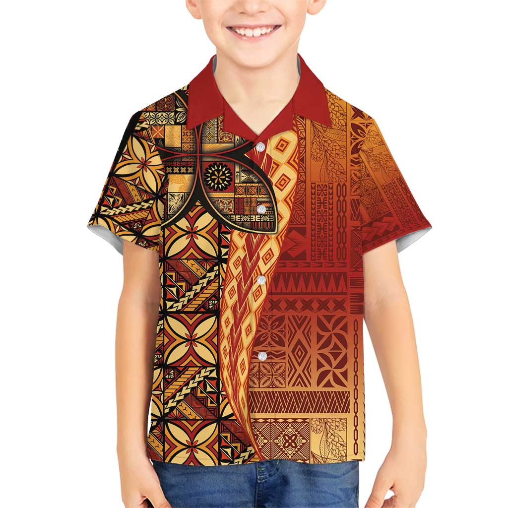Samoan Pacific Tribal Flower Geometric Art Tattoos Family Matching Puletasi and Hawaiian Shirt Siapo Pattern Flame Sunset LT03 Son's Shirt Red - Polynesian Pride