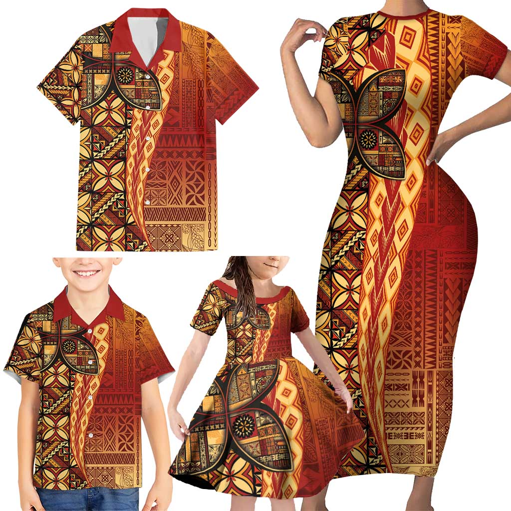 Samoan Pacific Tribal Flower Geometric Art Tattoos Family Matching Short Sleeve Bodycon Dress and Hawaiian Shirt Siapo Pattern Flame Sunset LT03 - Polynesian Pride