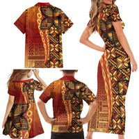 Samoan Pacific Tribal Flower Geometric Art Tattoos Family Matching Short Sleeve Bodycon Dress and Hawaiian Shirt Siapo Pattern Flame Sunset LT03 - Polynesian Pride