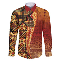 Samoan Pacific Tribal Flower Geometric Art Tattoos Family Matching Summer Maxi Dress and Hawaiian Shirt Siapo Pattern Flame Sunset LT03 Dad's Shirt - Long Sleeve Red - Polynesian Pride