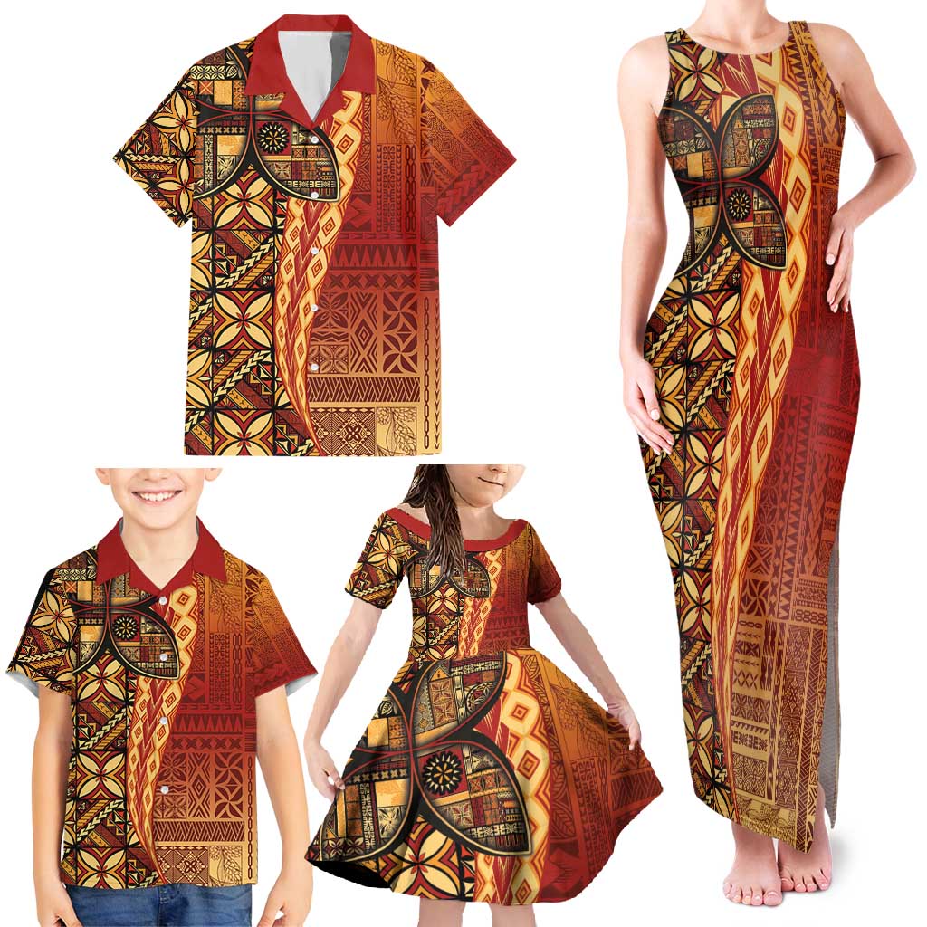 Samoan Pacific Tribal Flower Geometric Art Tattoos Family Matching Tank Maxi Dress and Hawaiian Shirt Siapo Pattern Flame Sunset LT03 - Polynesian Pride