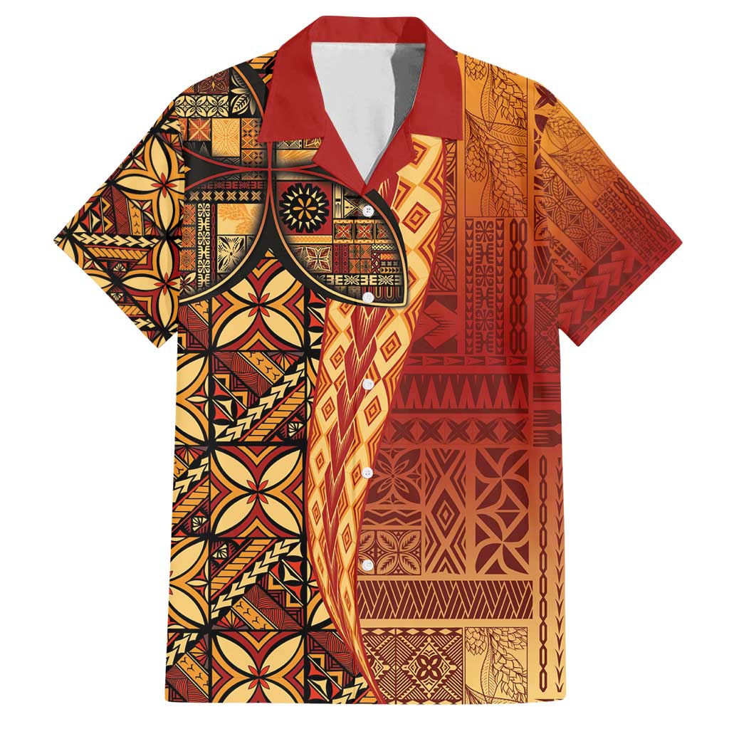 Samoan Pacific Tribal Flower Geometric Art Tattoos Family Matching Tank Maxi Dress and Hawaiian Shirt Siapo Pattern Flame Sunset LT03 Dad's Shirt - Short Sleeve Red - Polynesian Pride