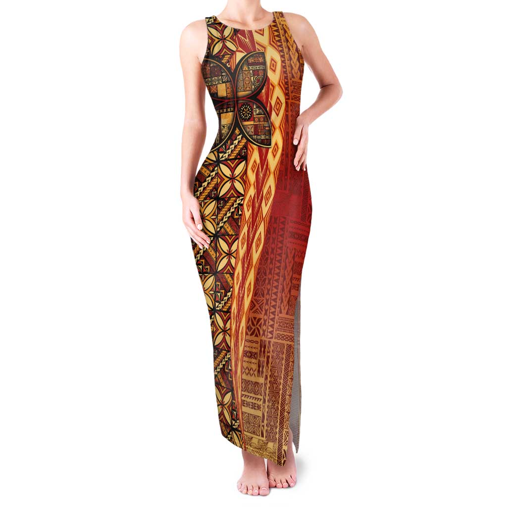 Samoan Pacific Tribal Flower Geometric Art Tattoos Family Matching Tank Maxi Dress and Hawaiian Shirt Siapo Pattern Flame Sunset LT03 Mom's Dress Red - Polynesian Pride
