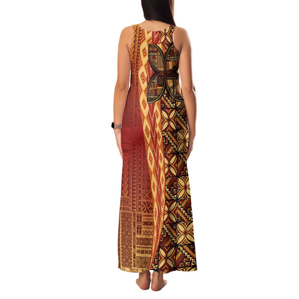 Samoan Pacific Tribal Flower Geometric Art Tattoos Family Matching Tank Maxi Dress and Hawaiian Shirt Siapo Pattern Flame Sunset LT03 - Polynesian Pride