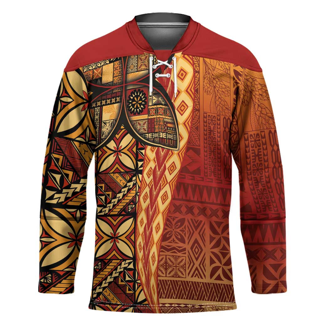 Samoan Pacific Tribal Flower Geometric Art Tattoos Hockey Jersey Siapo Pattern Flame Sunset - Polynesian Pride