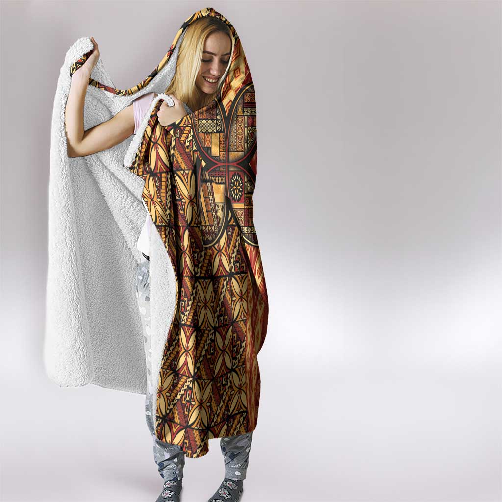 Samoan Pacific Tribal Flower Geometric Art Tattoos Hooded Blanket Siapo Pattern Flame Sunset - Polynesian Pride