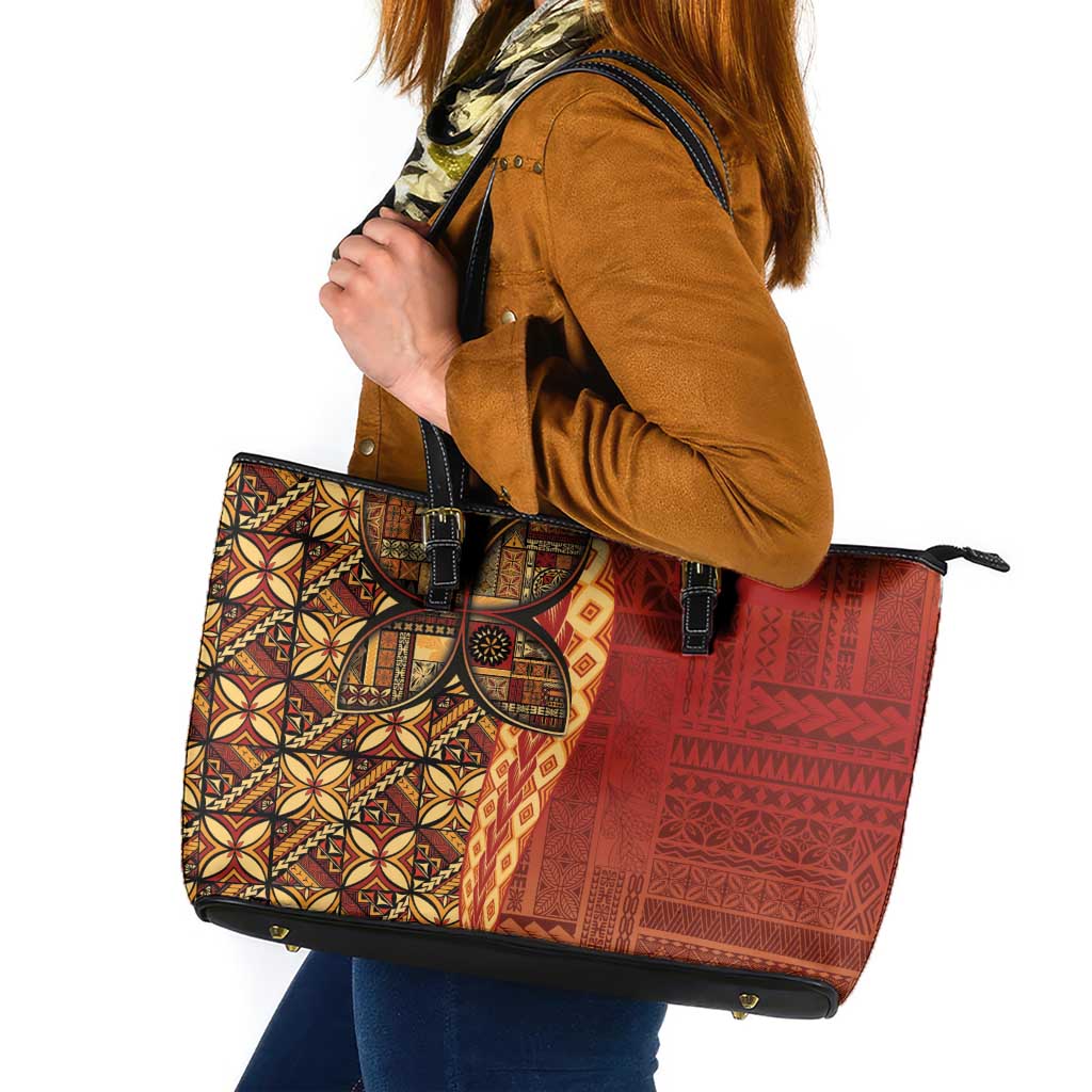 Samoan Pacific Tribal Flower Geometric Art Tattoos Leather Tote Bag Siapo Pattern Flame Sunset - Polynesian Pride